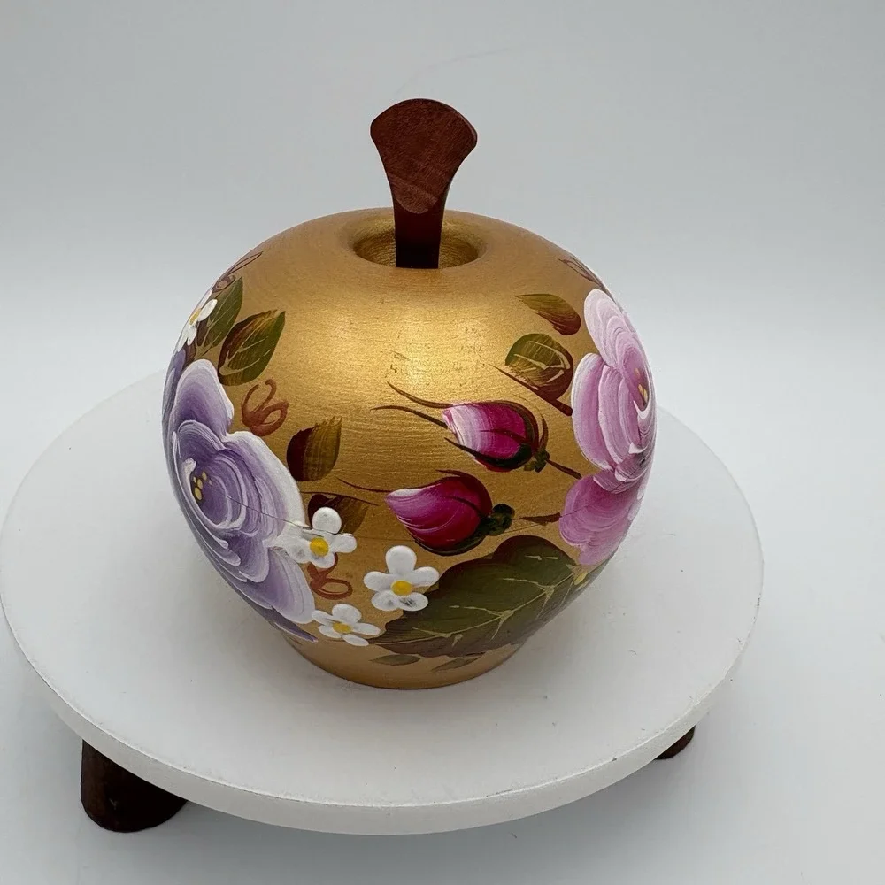 Hand-Painted Wooden Apple Trinket Dish Gold Shimmer‎